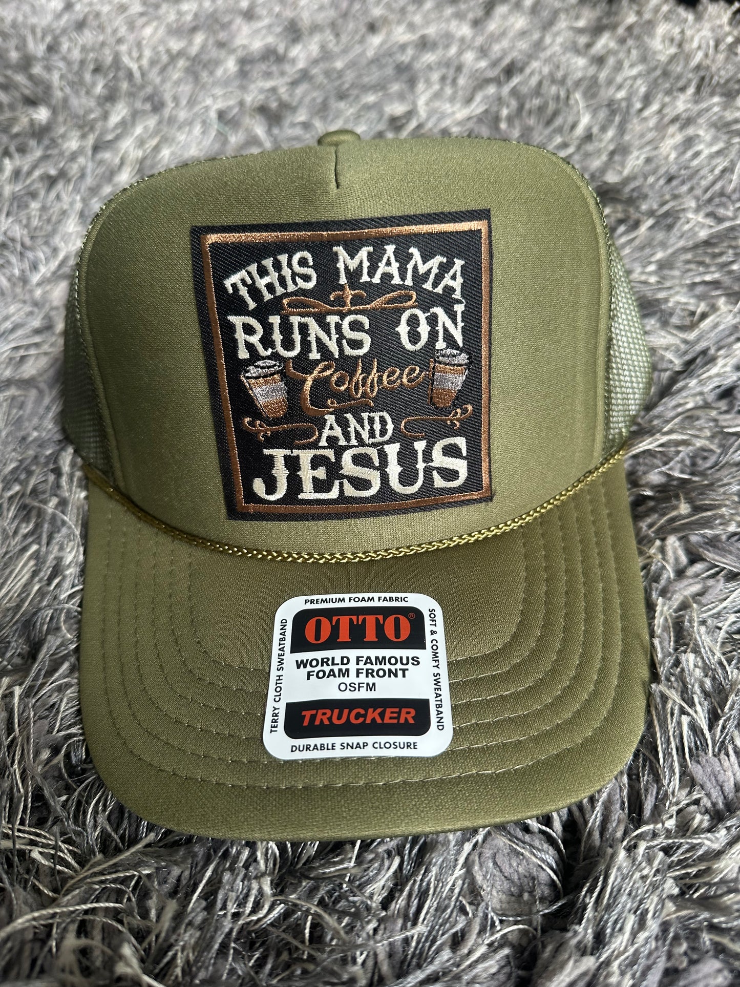 “THIS MAMA RUNS ON COFFEE AND JESUS” Trucker hat